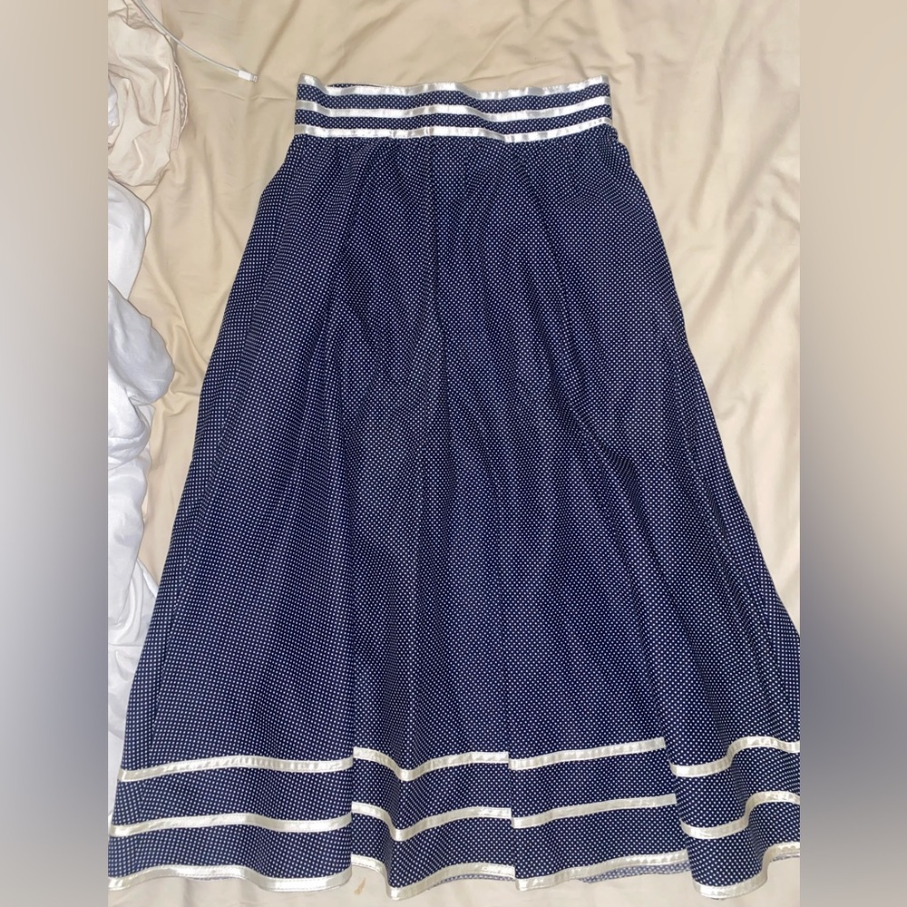 Navy & White polka dot Midi skirt (very high waist) - size M